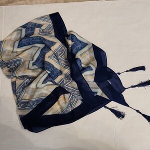 BOHO beaded tassels Chevron print scarf blue cream tan appox 40" x 40" square